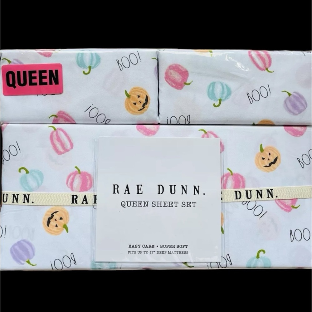 4pc Rae Dunn Halloween Multicolored Pumpkin Pastel QUEEN Bed Decor Sheet Set NEW